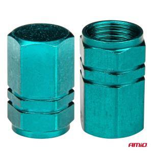 Set 4 capacele auto pentru ventil, din aluminiu, model Hexagon, culoare Verde - Image 3