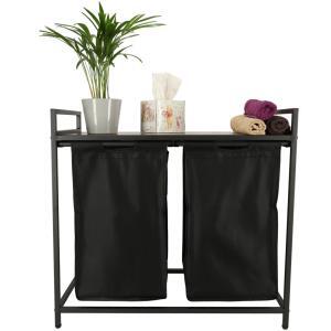 Cos mare de rufe cu doua compartimente, cu raft si blat din lemn, model LOFT, culoare neagra - Image 7