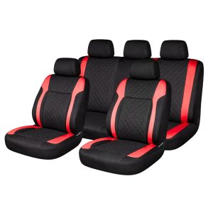 Set huse scaune auto Premium, model DIAMOND Racer, design Sportiv,  universale, ergonomice, Piele Ecologica Matlasata, culoare Negru/Rosu