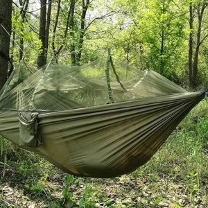 Hamac turistic din nylon cu plasa de tantari, culoare verde, dimensiuni 260 cm x 140 cm - Image 5